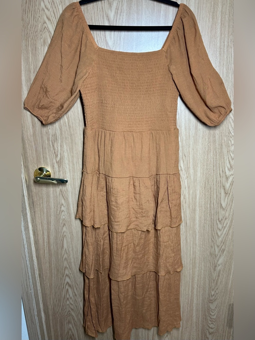 J Gee Women’s Size PL Terracotta Peasant Boho Tiered Puff Sleeves Smocked Dress